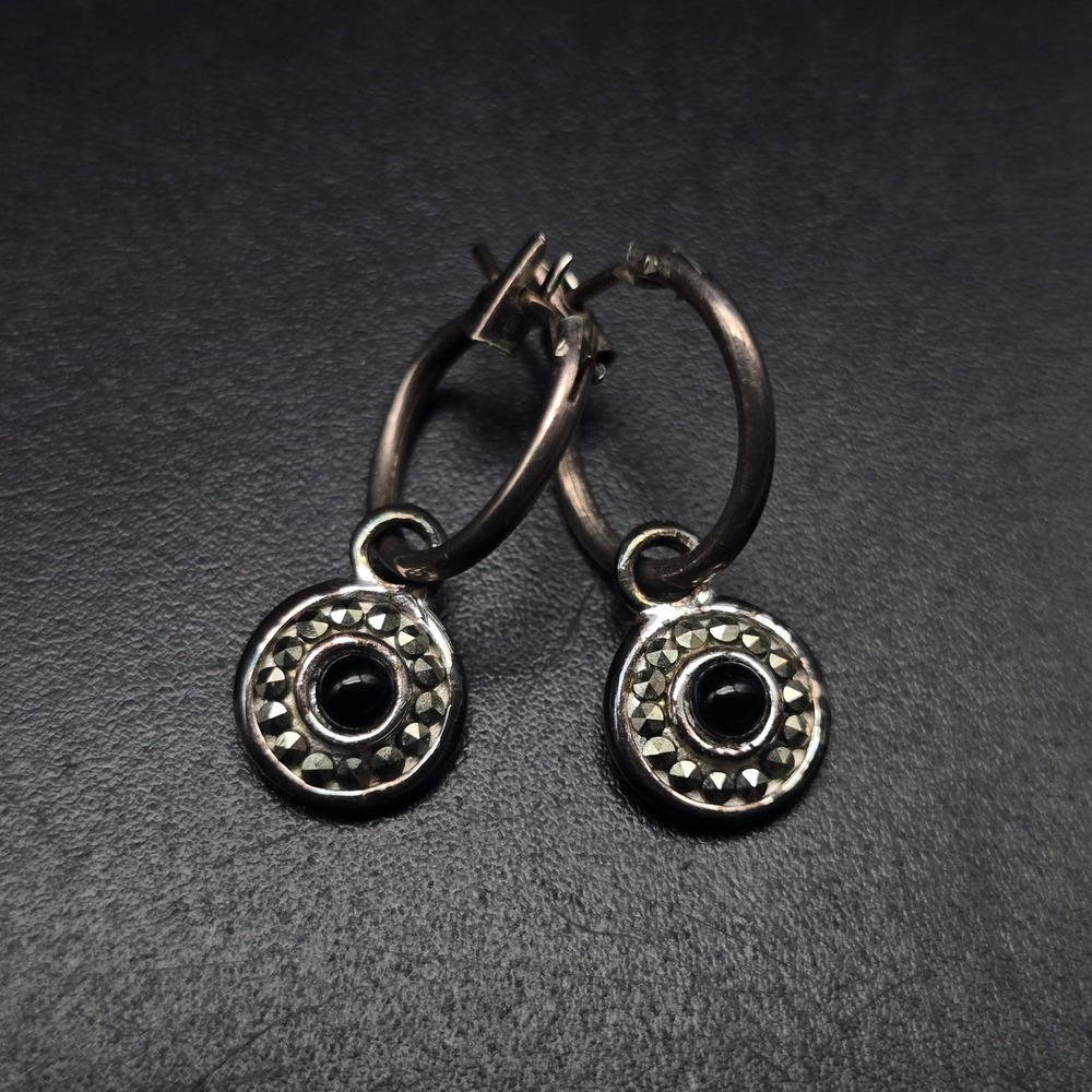 Sterling Silver Marcasite Onyx Hoop Earrings Pierced 925